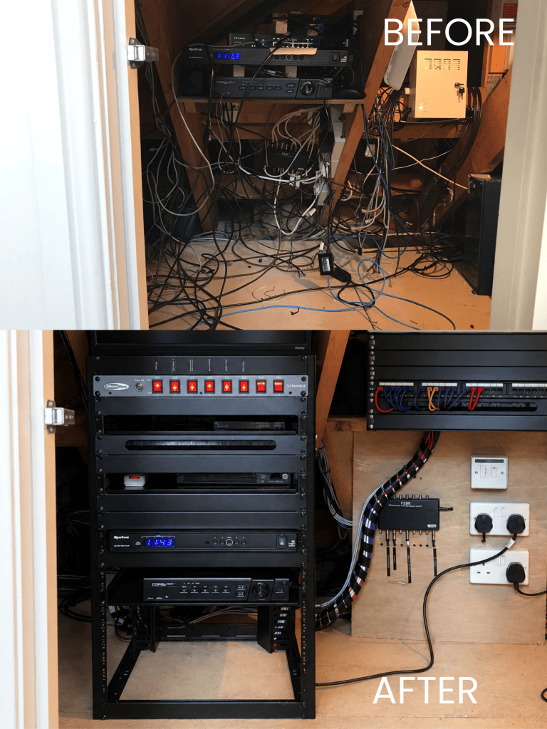 Before and after images of a cable management setup, showing a cluttered space filled with tangled wires in the top half labeled 'Before', and a neatly organized rack with properly arranged cables in the bottom half labeled 'After'.